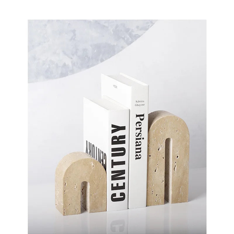 Beige Travertine Bookends — Handcrafted Stone Pair