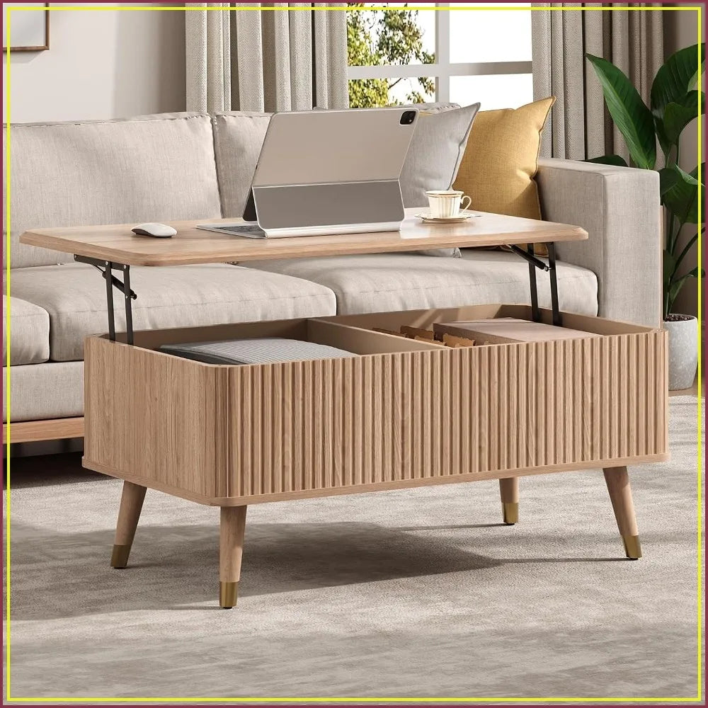 Lift-top fluted coffee table with hidden storage compartments