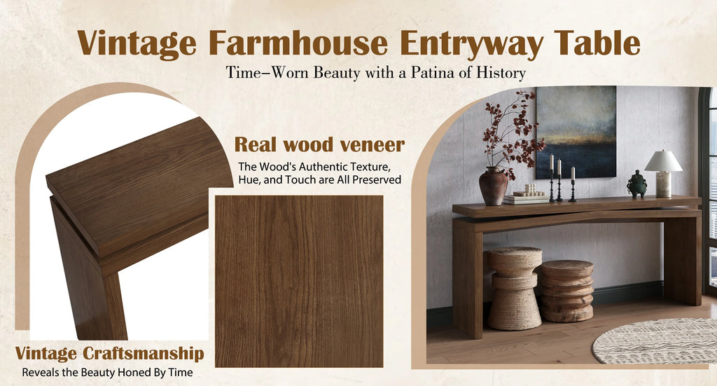 Rustic wood veneer console table in antique rustic brown finish