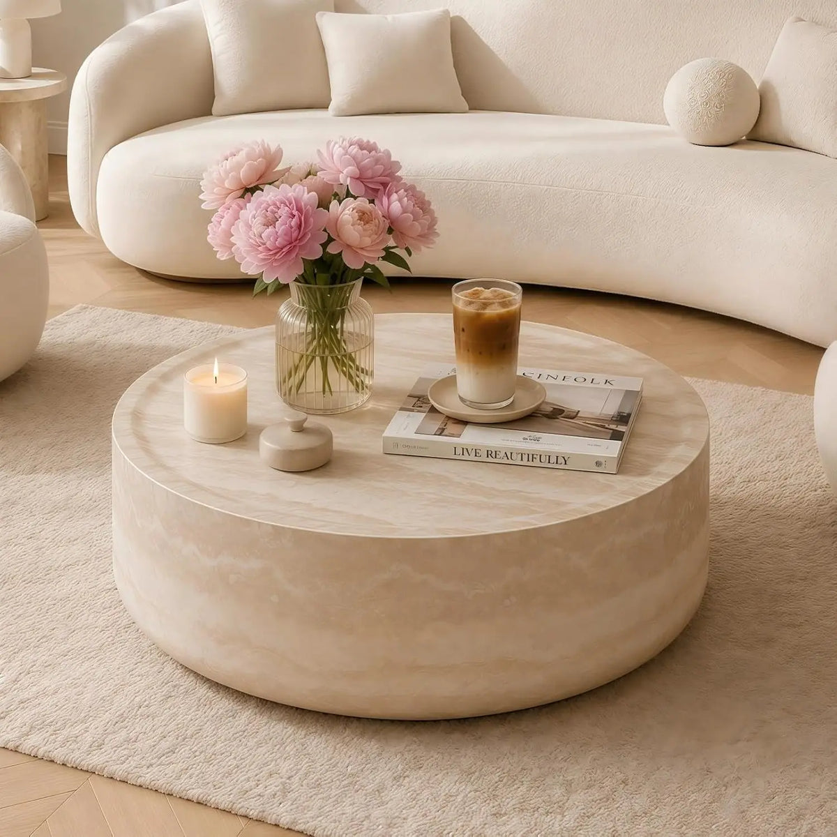 Travertine Round Coffee Table - Organic Modern