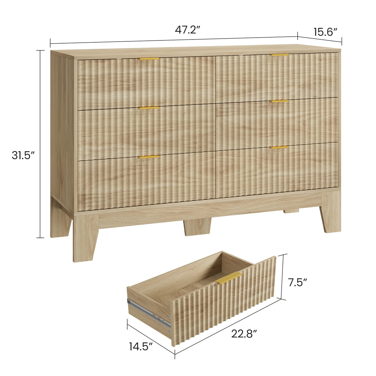 Modern Fluted 6-Drawer Dresser — 47" Wide Oak Chest