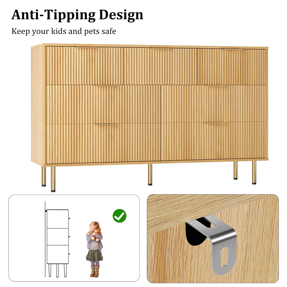 Modern Fluted 7-Drawer Dresser — Wide Wooden Bedroom Chest