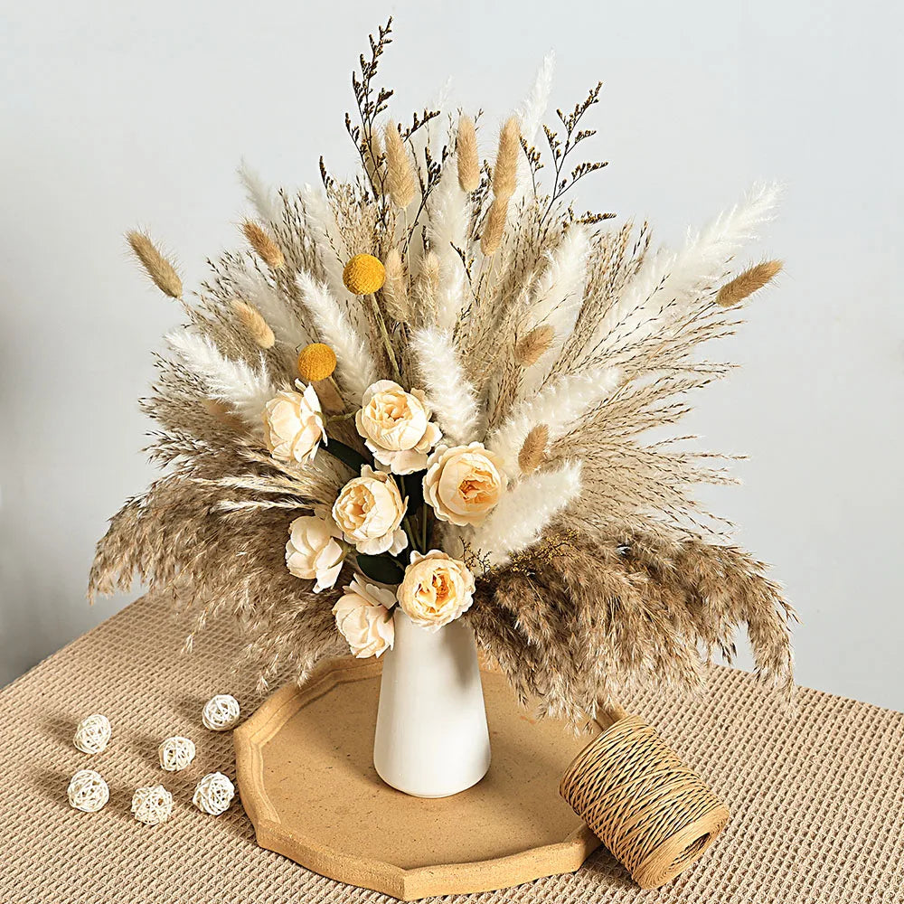 Faux Peony & Pampas Mix Bouquet — Dried-Look Boho Centerpiece