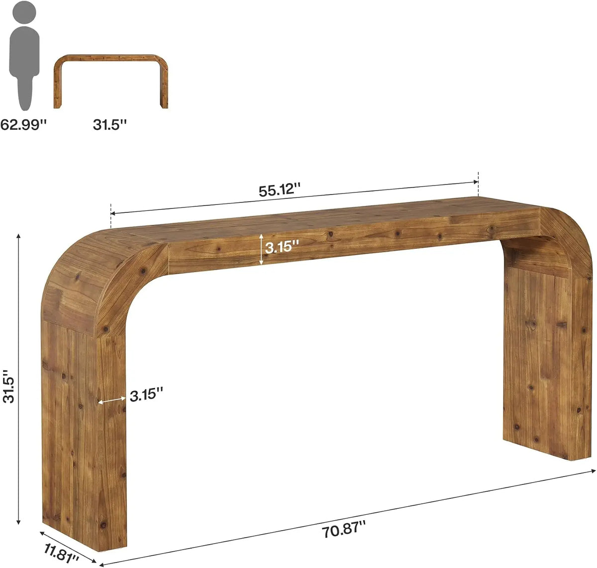 Solid wood waterfall console table with curved corners