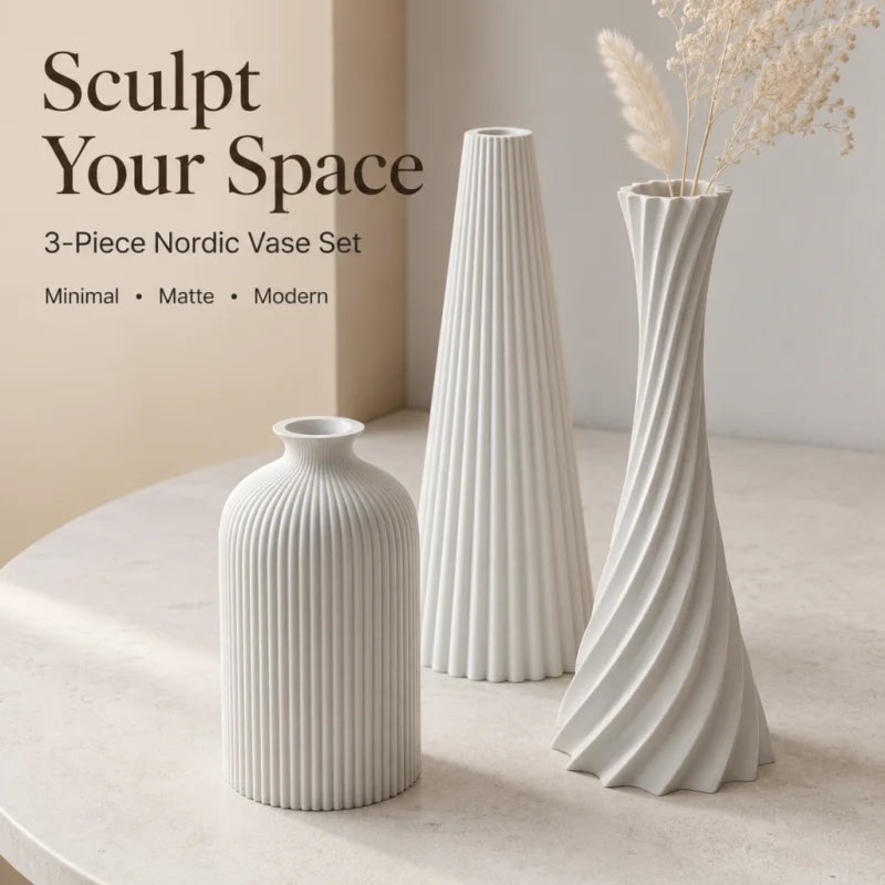 Ribbed Wabi-Sabi 3-Piece Vase Set — Matte Off-White