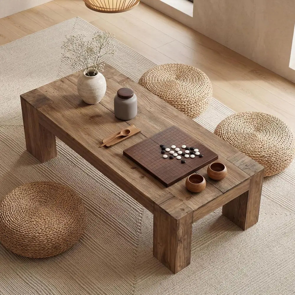 Sturdy wooden coffee table with thick legs in brown finish