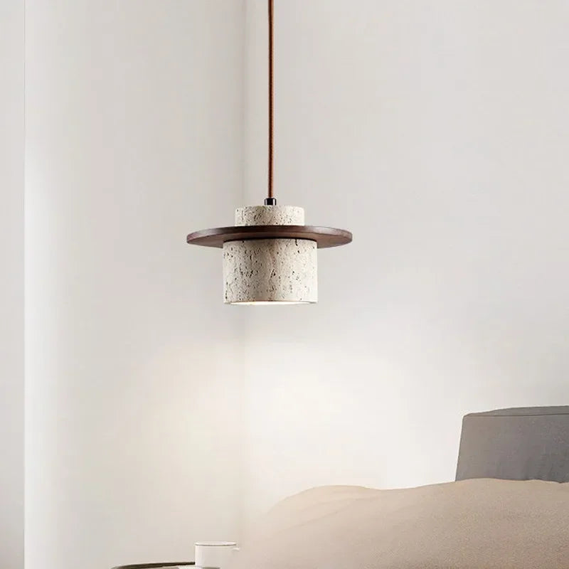 High Quality Stone Pendant Light Indoor LED Walnut/Log Yellow Travertine Chandelier Parlor Bedroom Cafe Bar Hanging Light — room setting