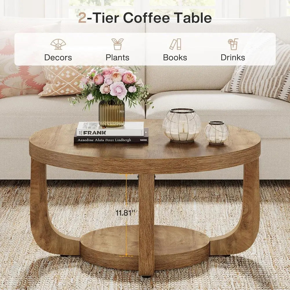 Two-tier round wooden coffee table with storage