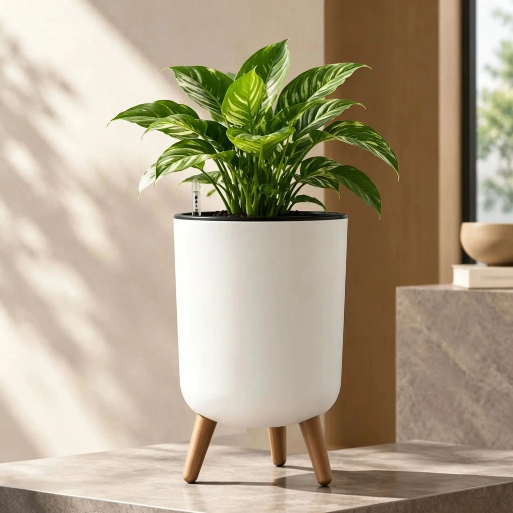 Self-Watering Floor Planter with Stand — White, Water Level Gauge