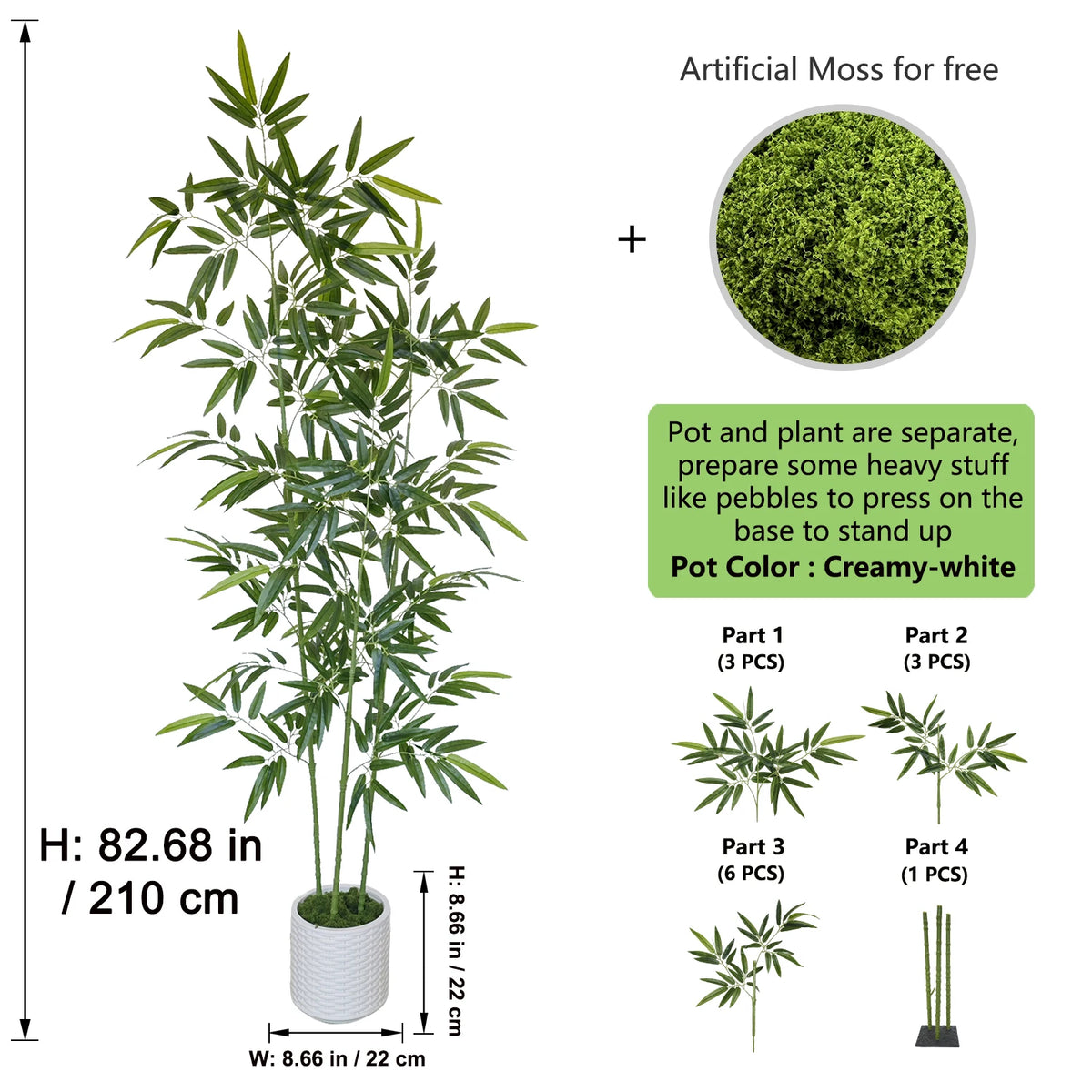 Artificial Green Bamboo Tree — 5.25-7.05 ft Multi-Stem