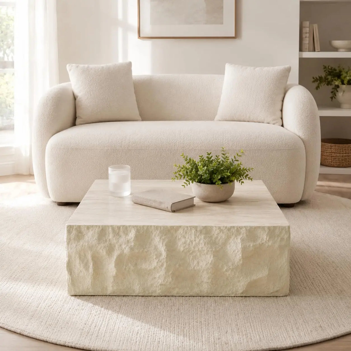 35.43" Square Faux Marble Travertine Coffee Table