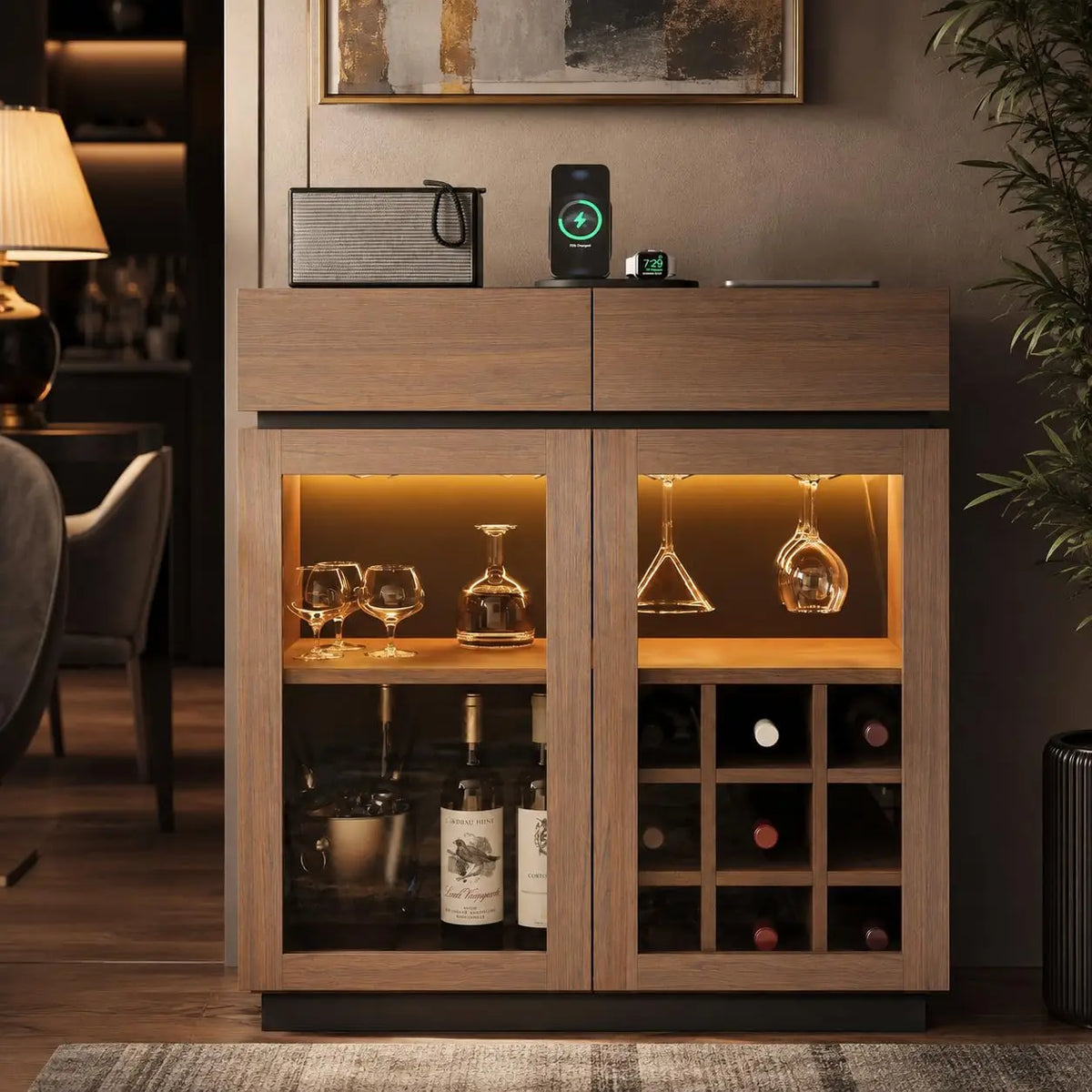 Walnut 2-in-1 Coffee Bar & Wine Cabinet with LED Light