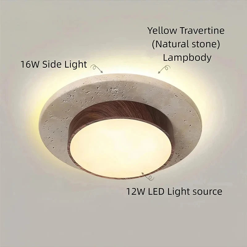 Retro Bedroom Ceiling Light Circular Stone LED Ceiling Lamp Walnut/wooden Balcony Hallway Living Room Indoor Light — alternate angle