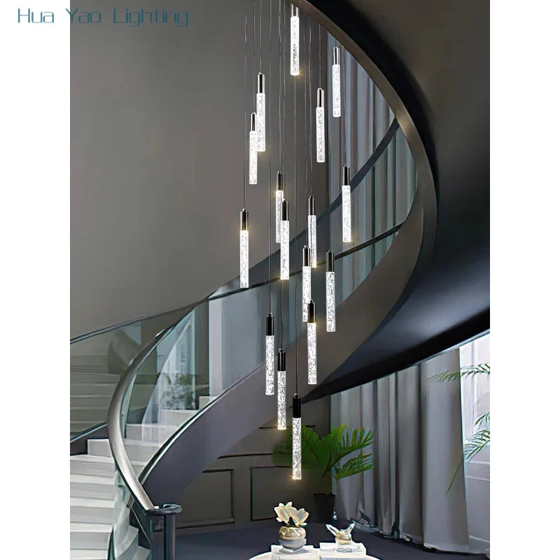 Minimalist cylindrical crystal staircase chandelier
