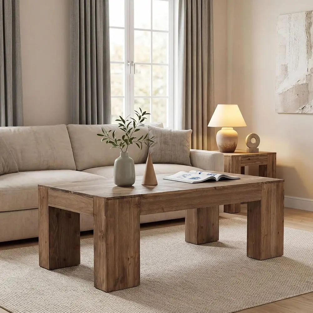 Sturdy wooden coffee table with thick legs in brown finish