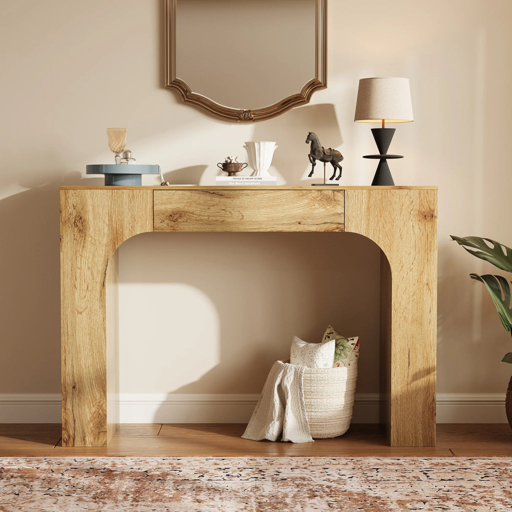 Wooden console table with drawer and industrial farmhouse styling