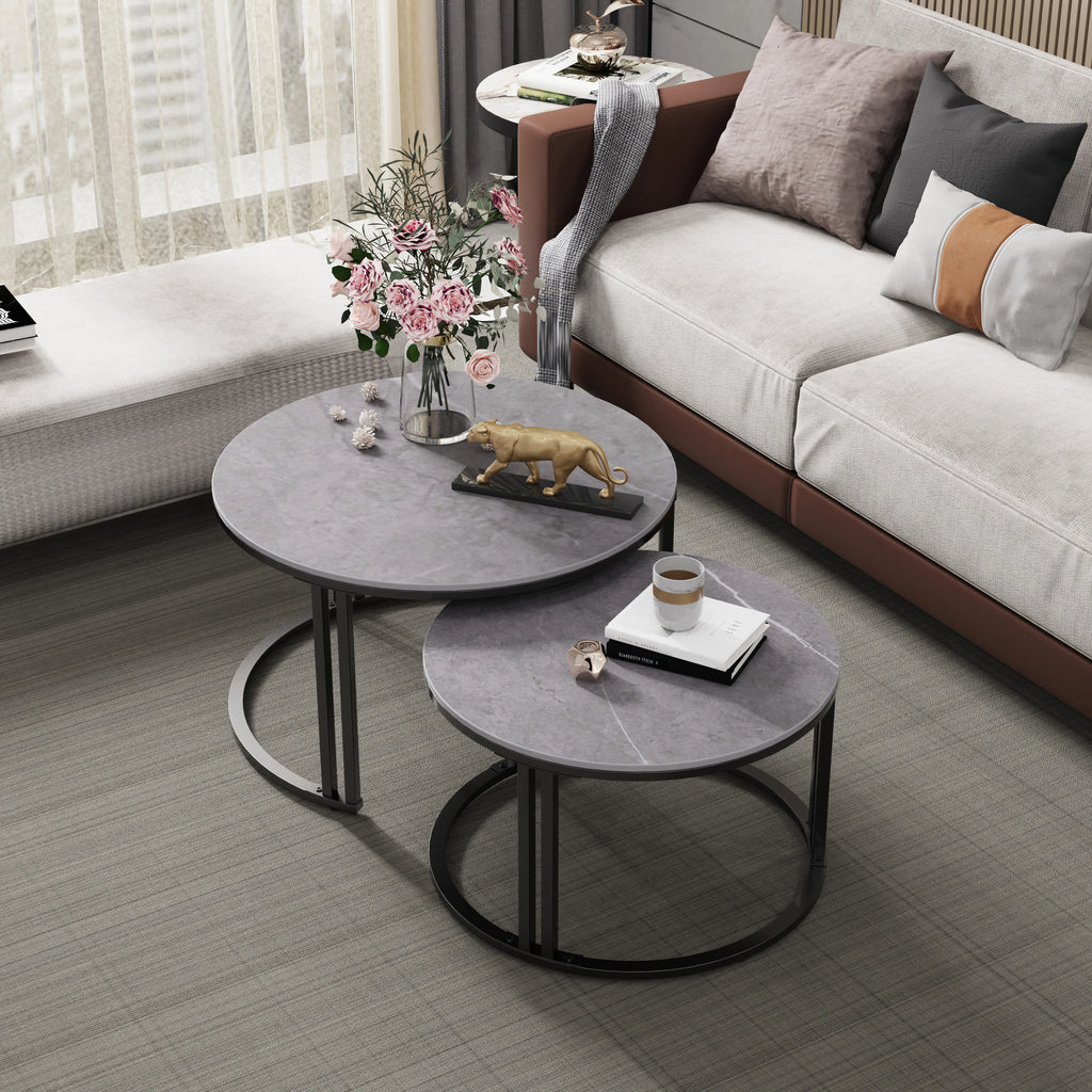 Nesting Coffee Table Set of 2 — 27.5" Round Stone-Top