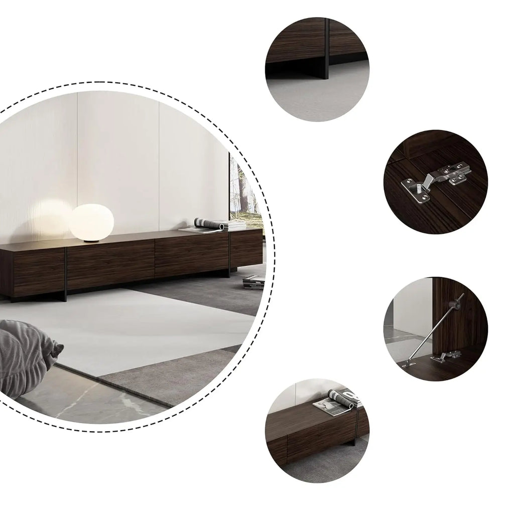 Modern TV stand with flip-down drawers — alternate angle