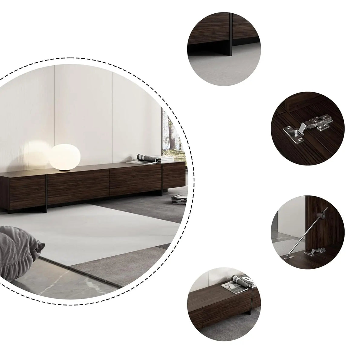 Modern TV stand with flip-down drawers — alternate angle