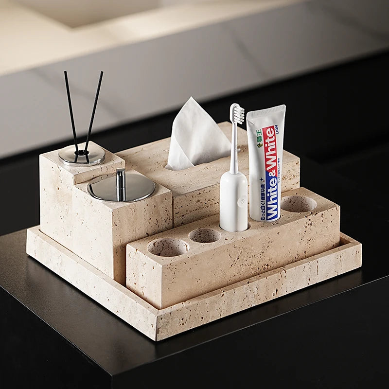 Beige Travertine Bathroom Accessory Set — 9-Piece