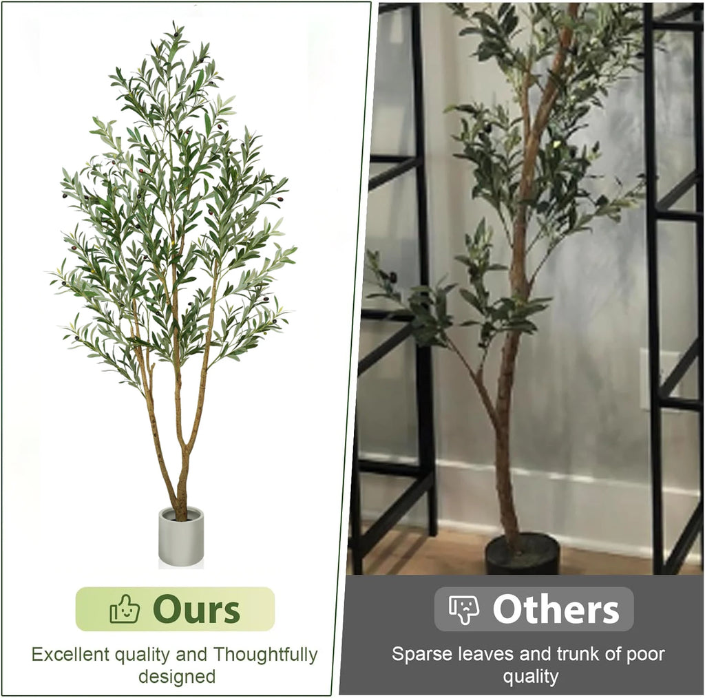 5/6/7ft Olive Trees Artificial Indoor Outdoor Faux Olive Tree with White Tall Planter, Artificial Plants with Natural Wood Trunk and Lifelike Fruits for Home Office Decor — room setting