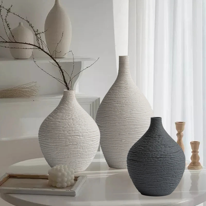 Narrow-Mouth Nordic Ceramic Vase — Beige & Grey