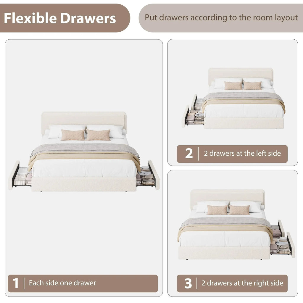 Boucle Upholstered Platform Bed — King with Storage Drawers