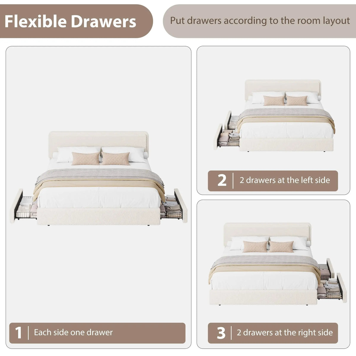 Boucle Upholstered Platform Bed — King with Storage Drawers