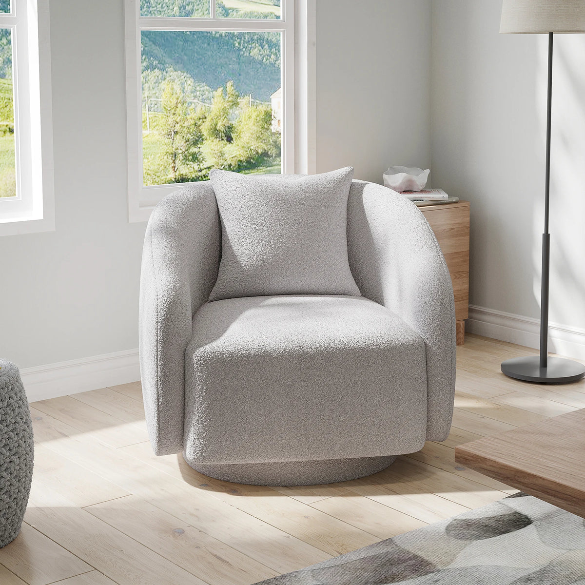 Swivel Barrel Chair with Back Pillow — Teddy Fabric Accent Chair