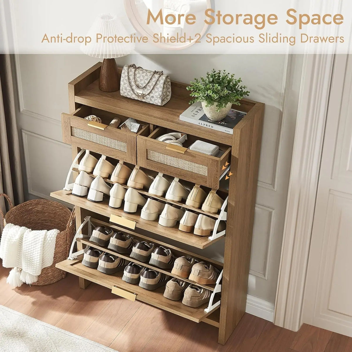 Rattan shoe storage cabinet with flip-front drawers