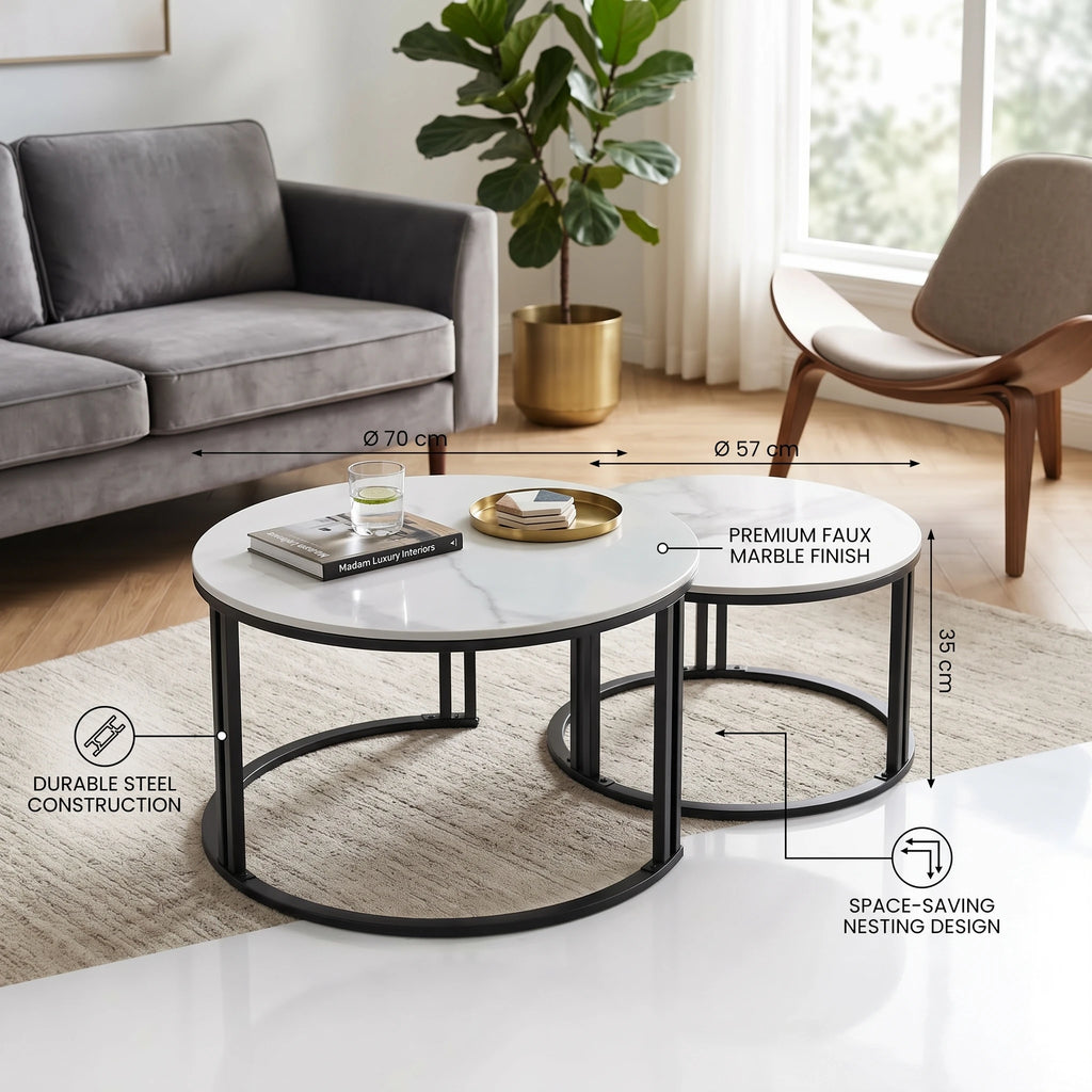 Nesting Coffee Table Set of 2 — 27.5" Round Stone-Top