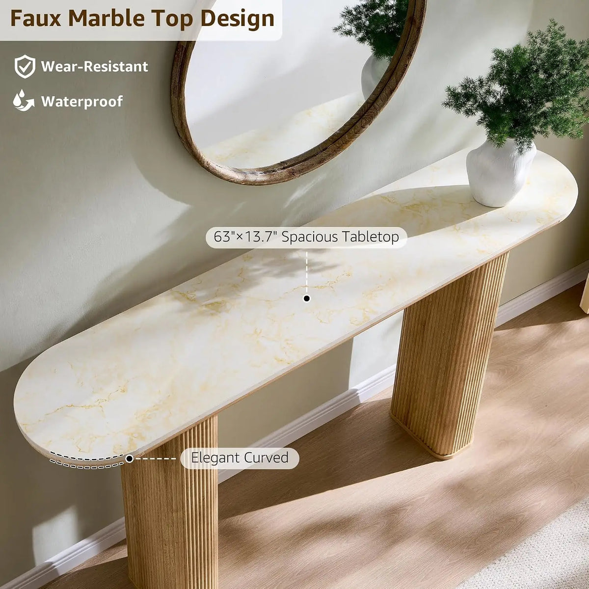 Fluted narrow console table for entryway in wood finish