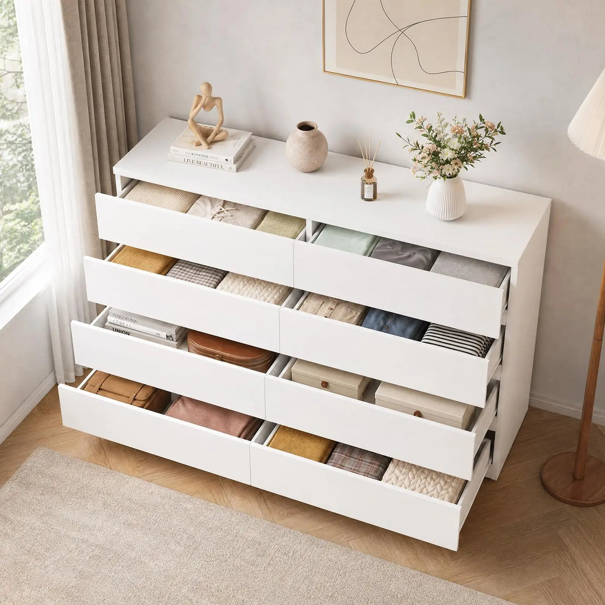 Modern eight-drawer wood storage cabinet — front angle