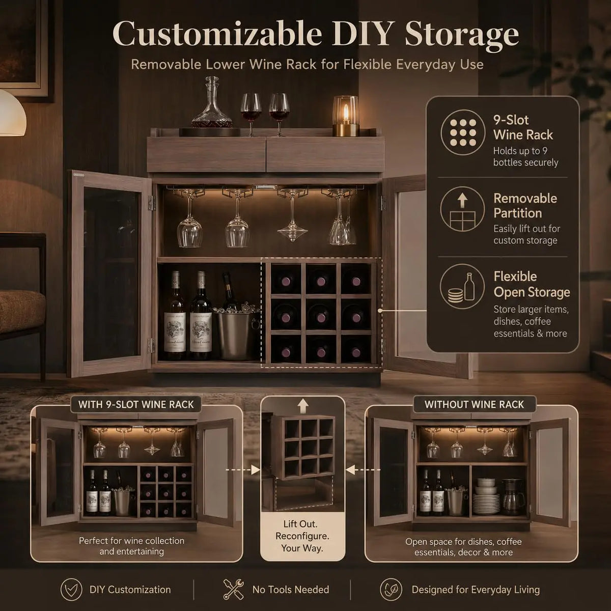 Walnut 2-in-1 Coffee Bar & Wine Cabinet with LED Light
