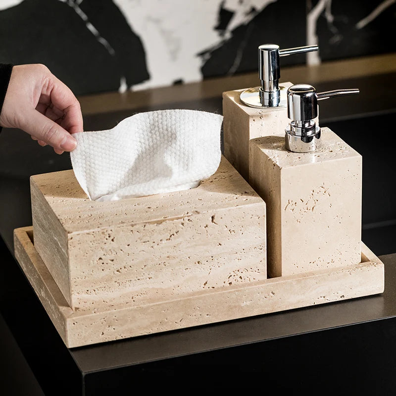 Beige Travertine Bathroom Accessory Set — 9-Piece
