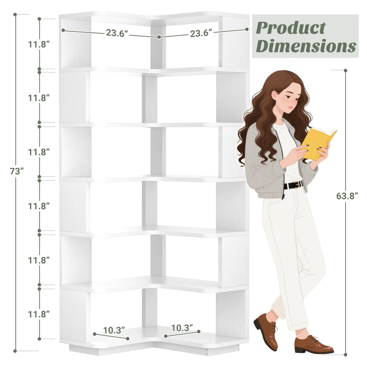 73" L-Shaped Corner Bookshelf — 7-Tier Display Stand