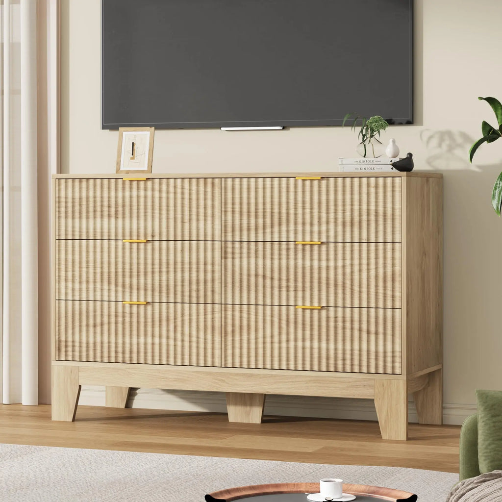 Modern Fluted 6-Drawer Dresser — 47" Wide Oak Chest