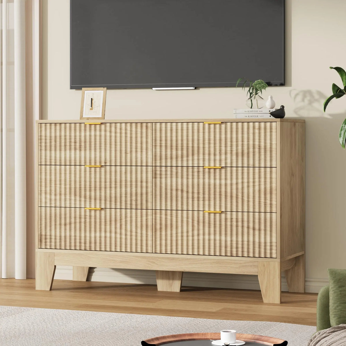 Modern Fluted 6-Drawer Dresser — 47" Wide Oak Chest