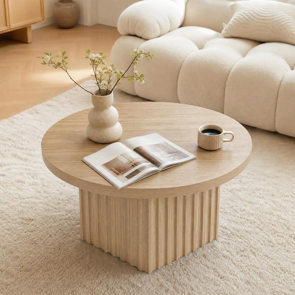 31.5" Round Fluted Drum Coffee Table — Wood Pedestal