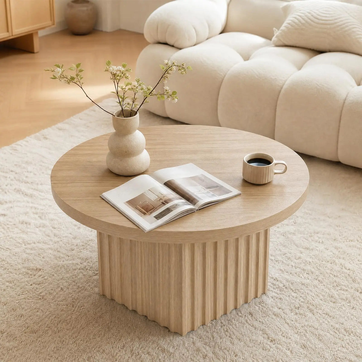 31.5" Round Fluted Drum Coffee Table — Wood Pedestal