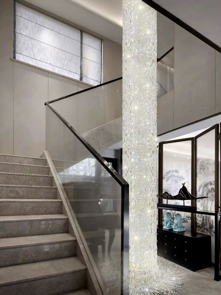 Crystal spiral staircase chandelier with long drop for high ceilings