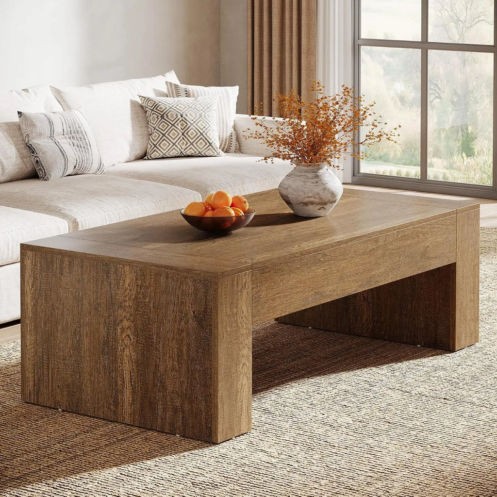 Farmhouse coffee table with sturdy base in rustic brown