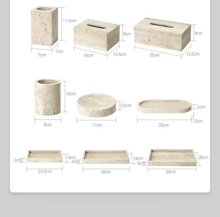 Travertine Bathroom Accessory Set — Vanity Tray & Diffuser, 9-Piece