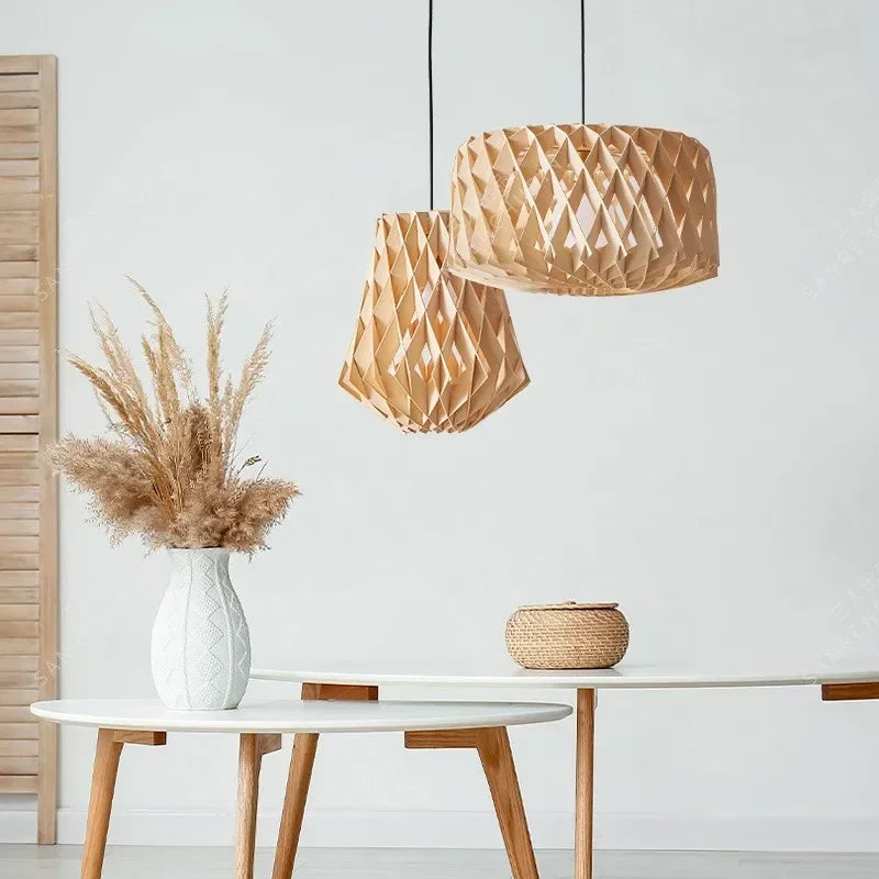 Japanese Style Wooden Birdcage Bar Pendant Light Creative Tatami Lamp Design LED Bedroom Lighting with Shadow Art — feature detail
