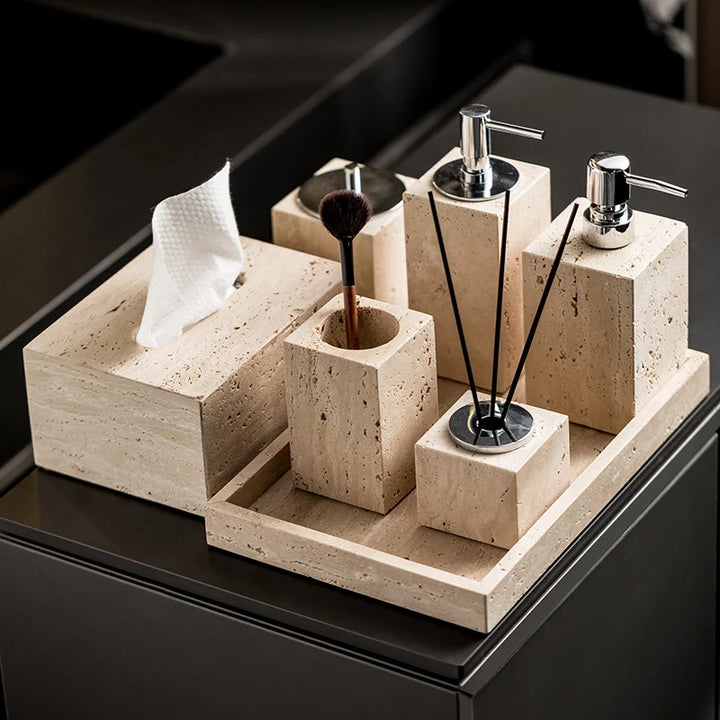 Beige Travertine Bathroom Accessory Set — 9-Piece
