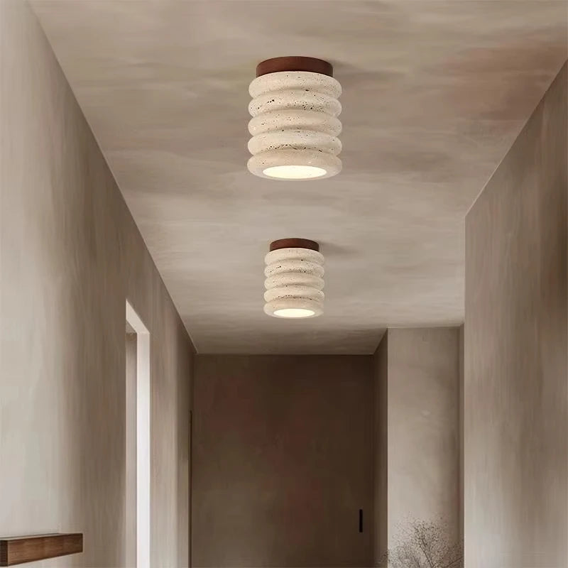 Wabi-Sabi Travertine Ceiling Lamp — Natural Stone & Wood Fixture