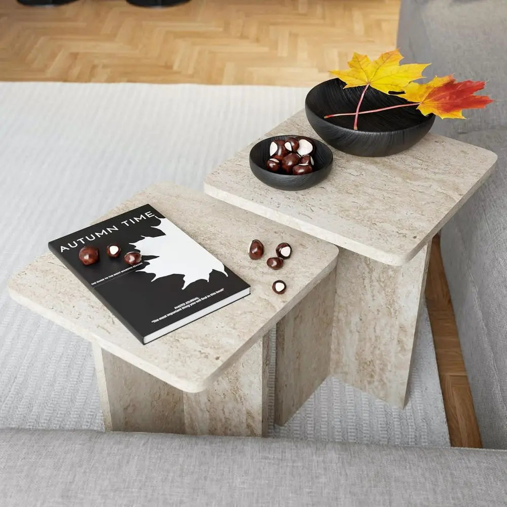 Travertine square nesting table set for living room