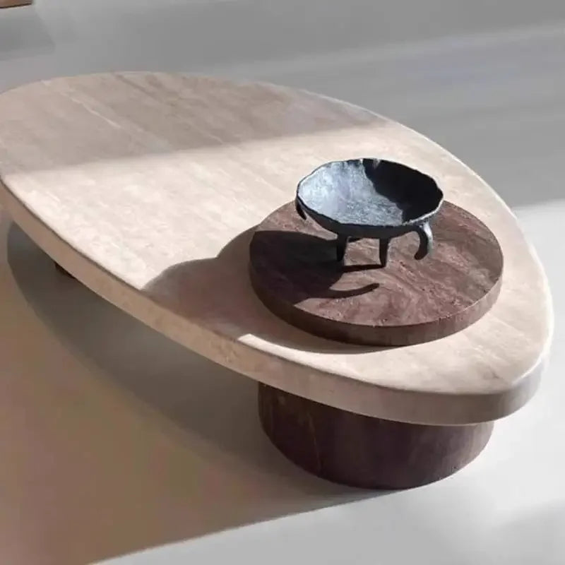 Beige marble coffee table — side angle