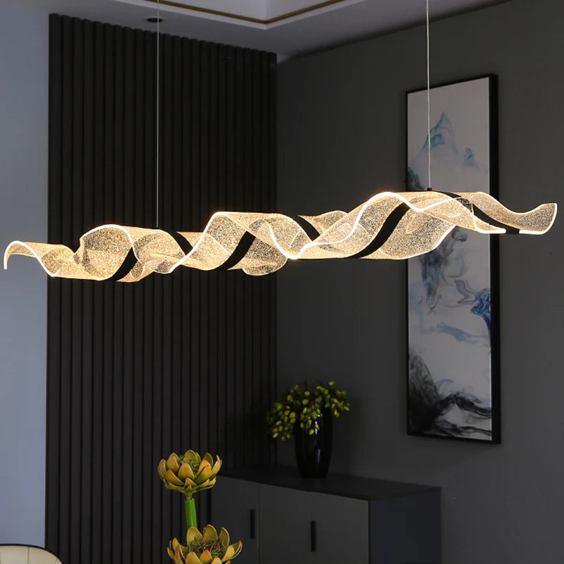 Organic Wave LED Pendant — Brass & Marble Statement Light