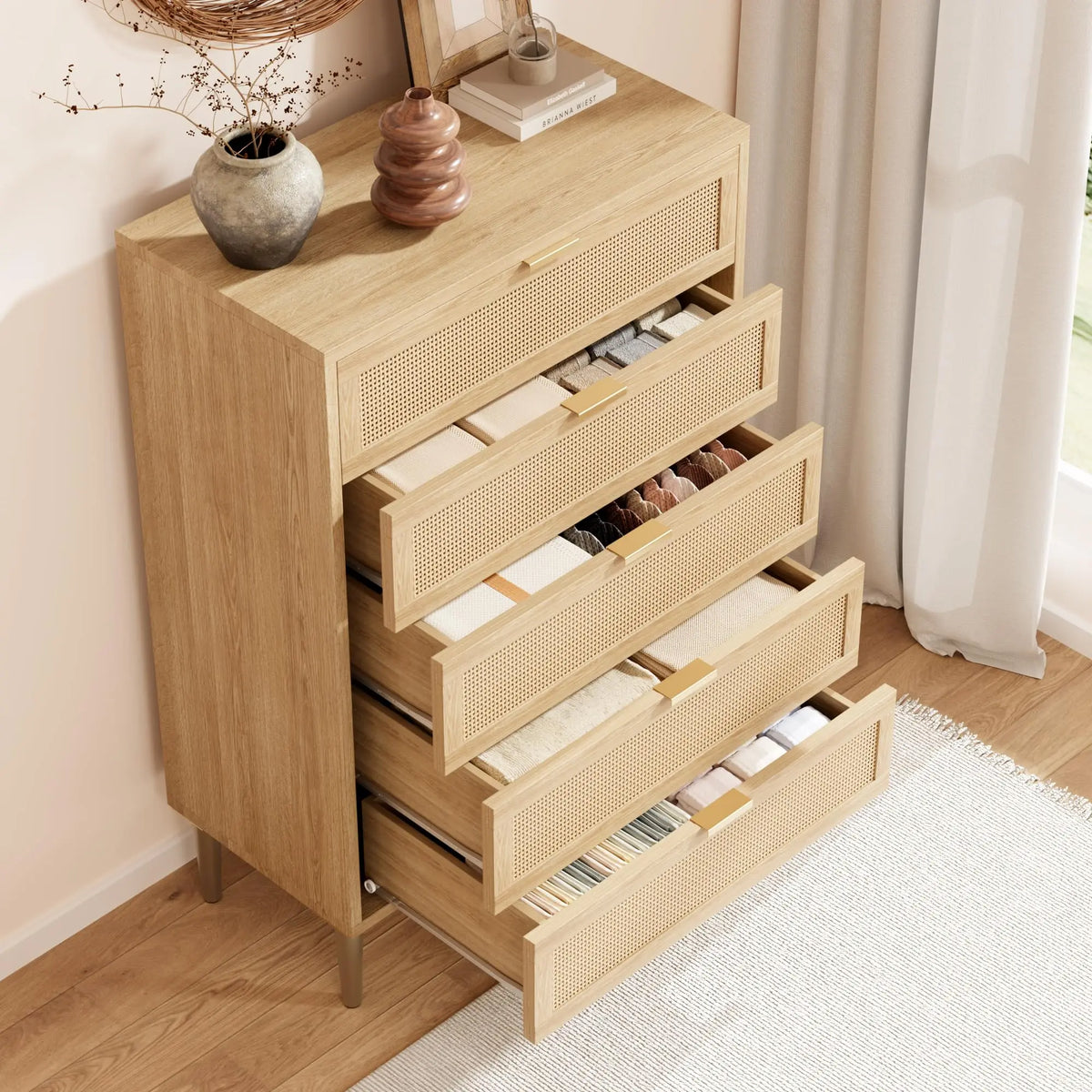Modern Farmhouse Rattan 5-Drawer Dresser — Tall Narrow Chest